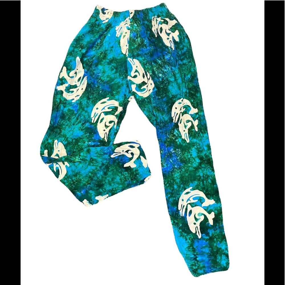 Vtg Tropical Print Tie Dyed Batik Palm Rayon Elastic Waist Tapered Leg Pants
